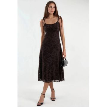 Rochie midi A-line  model floral - poliester - culoare maro