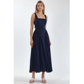 Rochie Midi  Albastru Marin - Poliester - Fara Maneci - Decolteu Patrat