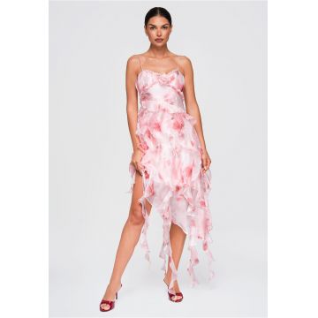 Rochie midi asimetrica cu aplicatie florala si bretele reglabile LA-OM-DLR406 - Roz