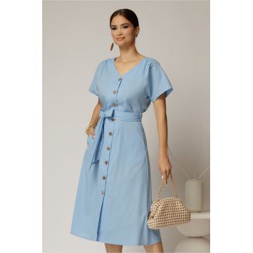 Rochie midi bleu de zi din in tip camasa cu manecile scurte