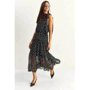 Rochie Midi  cu buline - guler halter - neagra - din sifon - captusita
