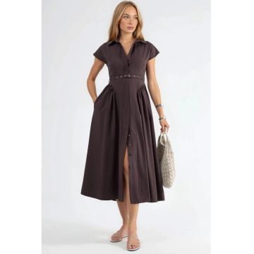 Rochie midi  cu cordon - guler - Maro