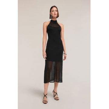 Rochie midi cu decolteu halter si segmente semitransparente - Negru