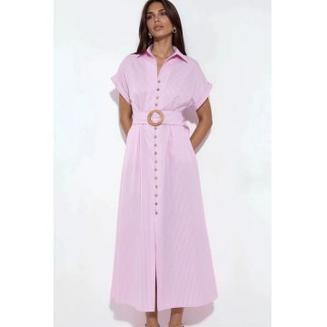 Rochie midi  cu dungi - decolteu in V - roz - bumbac si poliester