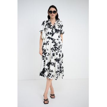 Rochie midi cu model floral - Negru/Alb murdar