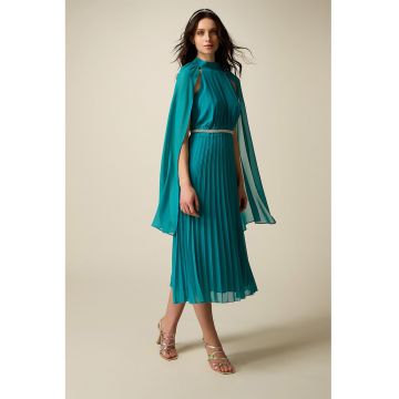 Rochie midi cu pliuri si curea bijuterie - Turcoaz