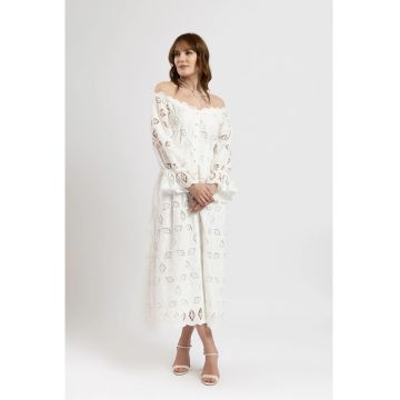 Rochie midi cu umeri decupati din bumbac cu broderie sparta