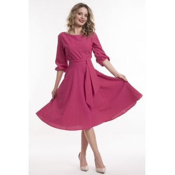 Rochie midi de in cu cordon - Fucsia