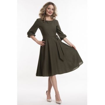 Rochie midi de in cu cordon - Kaki inchis