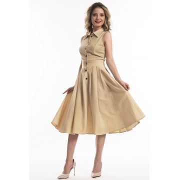 Rochie midi de in cu croiala evazata Valeria - Bej inchis