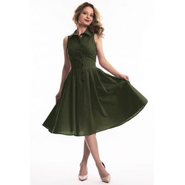 Rochie midi de in cu croiala evazata Valeria - Kaki inchis