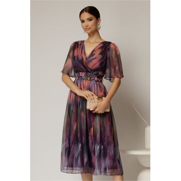 Rochie midi de ocazie din voal cu imprimeuri mov