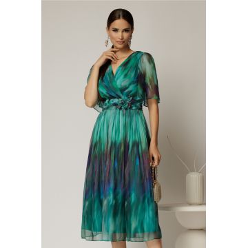 Rochie midi de ocazie din voal cu imprimeuri turcoaz