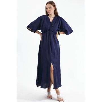 Rochie midi -  decolteu in V - maneci trei sferturi - albastru marin - poliester