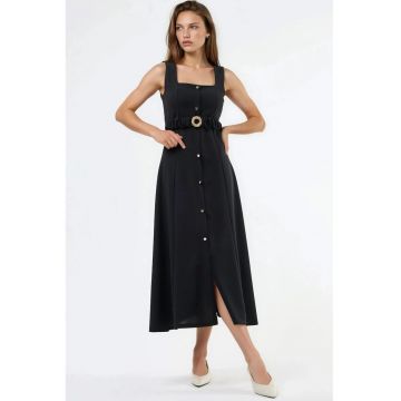 Rochie Midi -  decolteu patrat - cu curea - negru - poliester-elastan