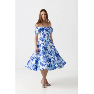 Rochie midi din bumbac cu imprimeu floral albastru