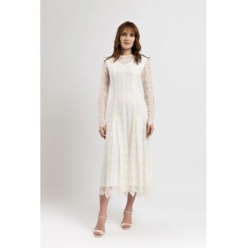 Rochie midi din tulle brodat ivoar cu maneci lungi