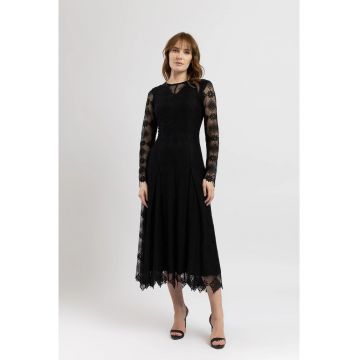Rochie midi din tulle brodat negru cu maneci lungi