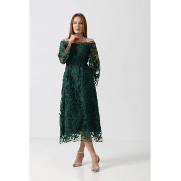 Rochie midi din tulle verde cu umeri decupati