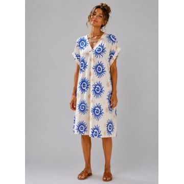 Rochie midi din vascoza cu imprimeu solar albastru si decolteu in V