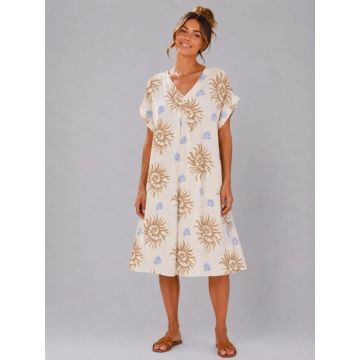 Rochie midi din vascoza cu imprimeu solar bej si decolteu in V