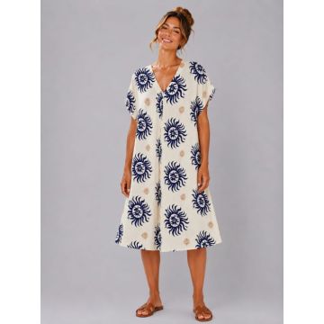 Rochie midi din vascoza cu imprimeu solar bleumarin si decolteu in V