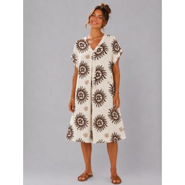Rochie midi din vascoza cu imprimeu solar maro si decolteu in V