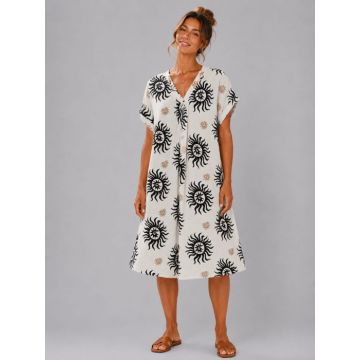 Rochie midi din vascoza cu imprimeu solar negru si decolteu in V
