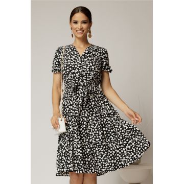 Rochie midi din viscoza neagra cu imprimeu alb