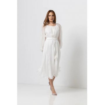 Rochie midi din voal de matase cu insertii macrame si talie reglabila