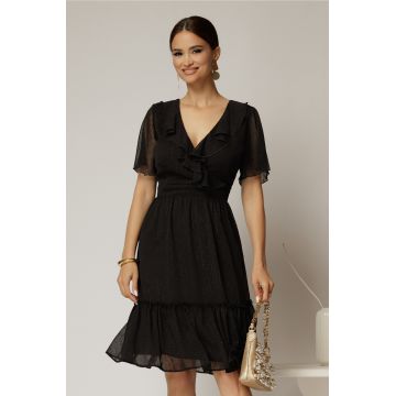 Rochie midi din voal negru cu decolteu petrecut cu volanase si maneci scurte