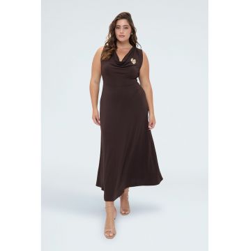 Rochie midi evazata cu decolteu drapat - Maro inchis