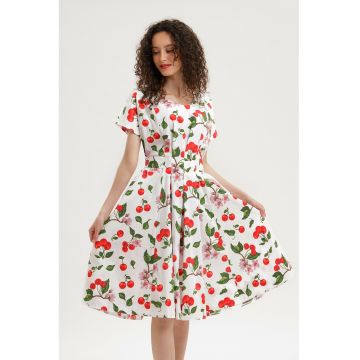 Rochie midi evazata cu detaliu innodat pe spate - Rosu/Alb/Verde masliniu inchis