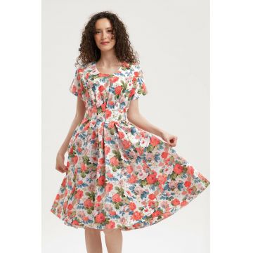 Rochie midi evazata cu detaliu innodat pe spate - Rosu deschis/Albastru stins