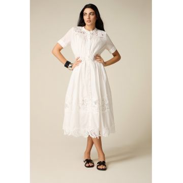 Rochie midi evazata cu insertii din dantela - Alb