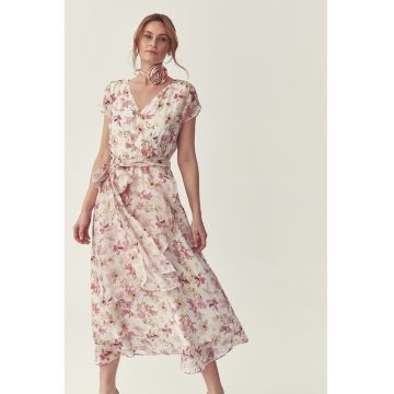 Rochie midi evazata cu model floral si cordon in talie - Roz/Crem