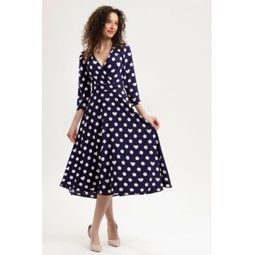 Rochie midi evazata cu model si buzunare - Alb/Albastru ultramarin