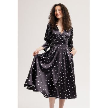 Rochie midi evazata cu model si buzunare - Alb/Negru stins