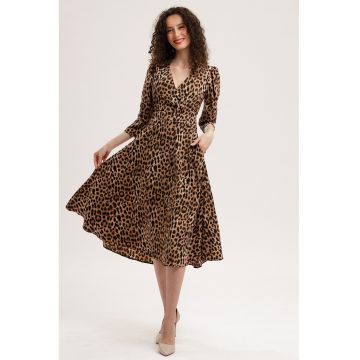 Rochie midi evazata cu model si buzunare - Maro inchis/Maro