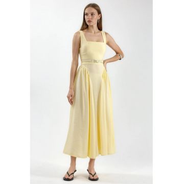 Rochie Midi  Galben Lamaie - Poliester - Fara Maneci - Decolteu Patrat