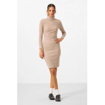 Rochie Midi  Guler Inalt - Maneca Lunga - Bej Natural - Bumbac-Elastan