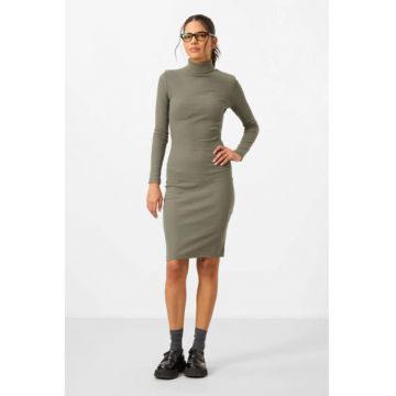Rochie Midi  Guler Inalt - Maneca Lunga - Verde - Bumbac-Elastan