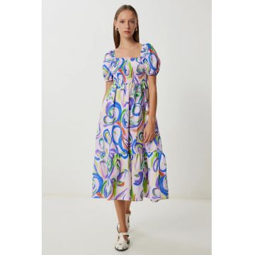 Rochie Midi - Happiness Istanbul - A-line - imprimeu abstract - mov - poliester-bumbac