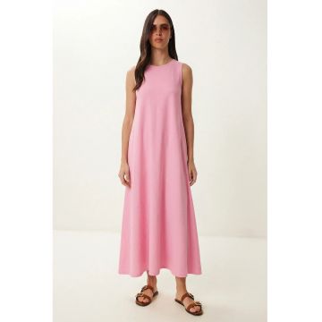 Rochie Midi Happiness Istanbul A-Line - roz garoafa - bumbac-elastan - cu buzunar