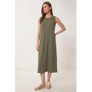Rochie Midi Happiness Istanbul A-Line - Verde Kaki - Buzunar - Bumbac-Elastan