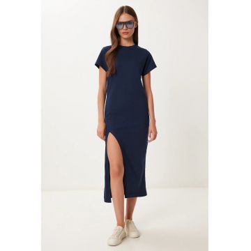 Rochie midi Happiness Istanbul - casual - bleumarin - 100% bumbac - cu slit lateral