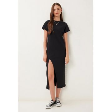 Rochie midi - Happiness Istanbul - casual - negru - 100% bumbac - slit lateral