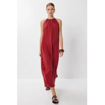 Rochie Midi Happiness Istanbul - Casual - Rosu - 85% modal - 15% poliester - Guler Halter - Drapaj