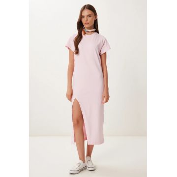 Rochie midi - Happiness Istanbul - casual - roz aprins - 100% bumbac - slit lateral