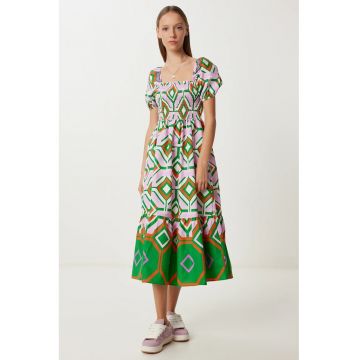 Rochie Midi Happiness Istanbul cu Imprimeu Batik - Detalii cu Volane - Verde - Poliester-Bumbac -